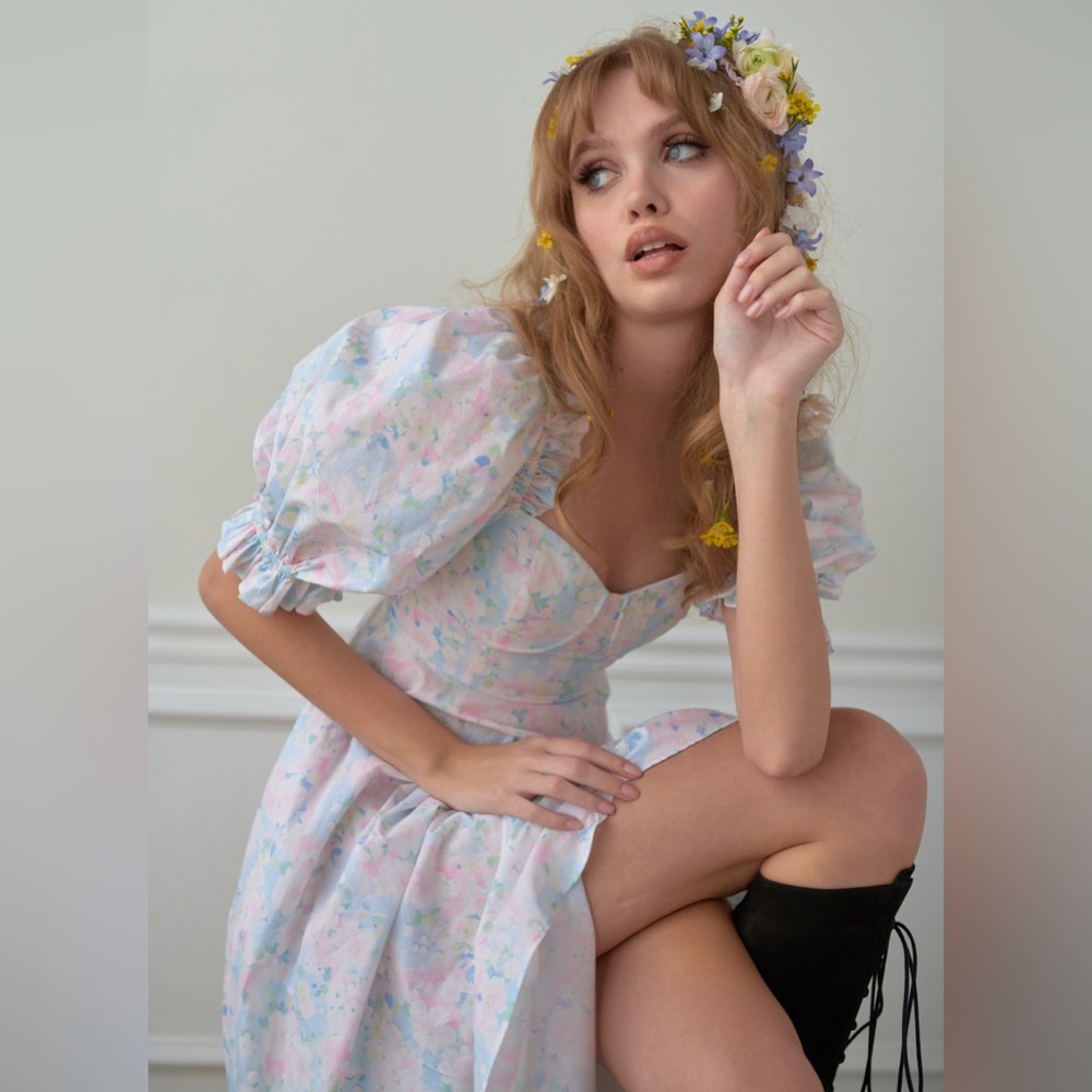 Selkie Pastel Floral Puff Sleeve Midi Dress